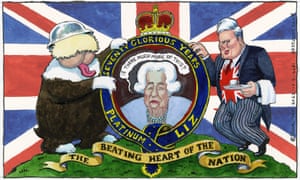 Steve Bell cartoon 17.05.2022: Johnson and Starmer grovel before jubilee portrait of Queen