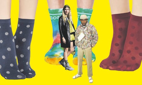 Calzedonia polka-dot socks, £4; tie-dye Don’t Trip socks, £23; fashion influencer Veronika Heilbrunner; and Tyler, the Creator in white socks and sandals.