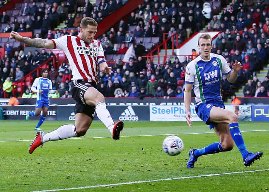 Billy Sharp of Sheffield United scores to make it 3-1 against Wigan Athletic in their Championship match at Bramall Lane in October 2018.