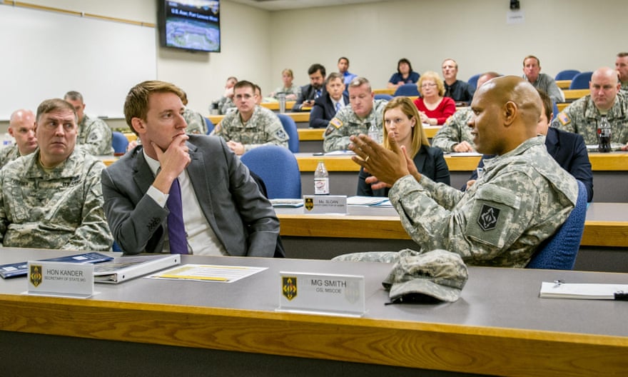 Jason Kander, then Missouri's secretary of state, meets troops at Fort Leonard Wood.