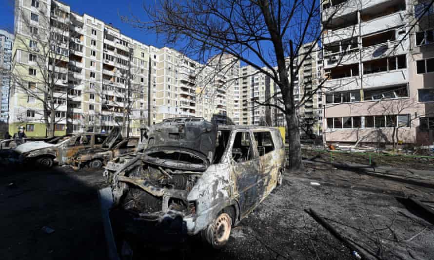 A view of the cars which were destroyed by recent shelling in Kyiv outskirts on February 28, 2022.