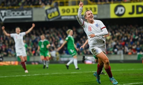 Lauren Hemp celebrates after scoring her second, and England’s third goal.
