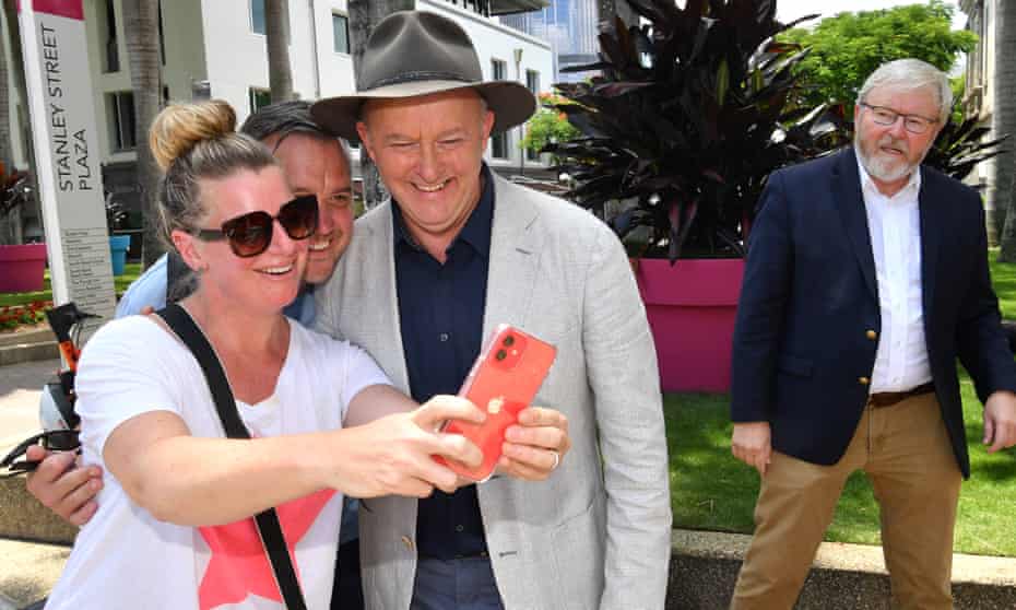 Anthony Albanese posed for selfie photos at the Southbank markets in Brisbane this week as former prime minister Kevin Rudd looked on.