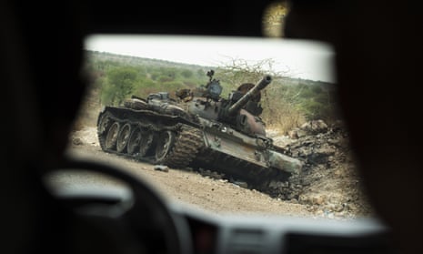 A destroyed tank by the side of the road in western Tigray earlier this year. 
