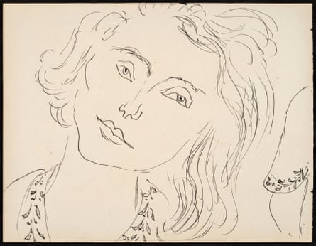 pen and ink sketch of girl’s head and shoulders, with her hair loose