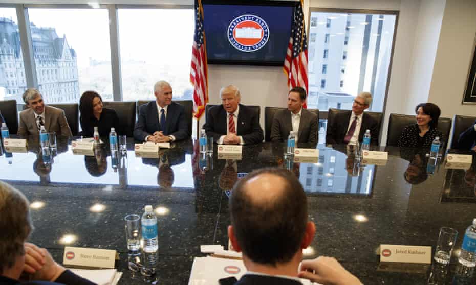Donald Trump holds a meeting on 14 December in New York with tech industry leaders including Sheryl Sandberg, Peter Thiel, Tim Cook and Safra Catz (far right). 
