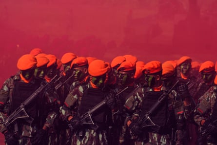 Members of the Indonesian air force take part in a military honours ceremony at Suparlan Airfield, in Bandung this month.