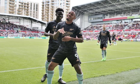 Gabriel Jesus celebrates scoring Arsenal’s second goal with Bukayo Saka