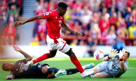 Taiwo Awoniyi scores the goal against Arsenal that ensured Nottingham Forest would play in the Premier League this season.