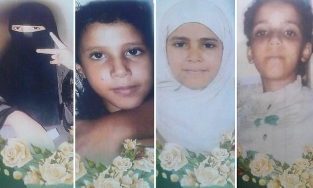 Four of the six daughters of Majed Al Wahidi, a teacher, who died during an attack in Yemen: from left to right, Rufaida, 16, Amat Al Wahhab, 9, Amat Al Salam and Amat Al Hakim, 12.