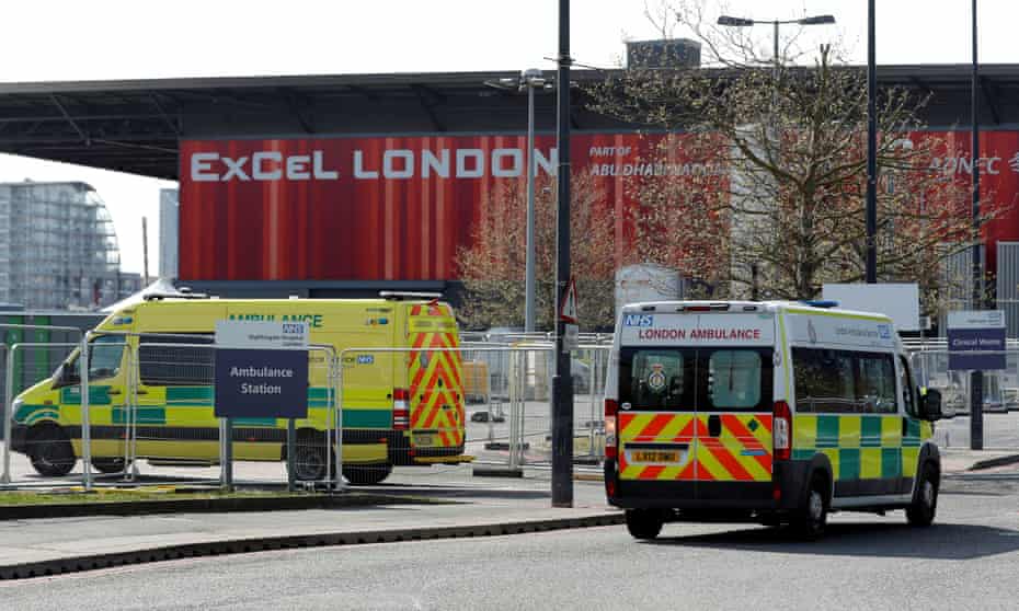 Ambulances outside the NHS Nightingale hospital at the Excel Centre in London.