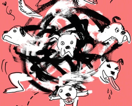 An illustration of a dog running around in a circle