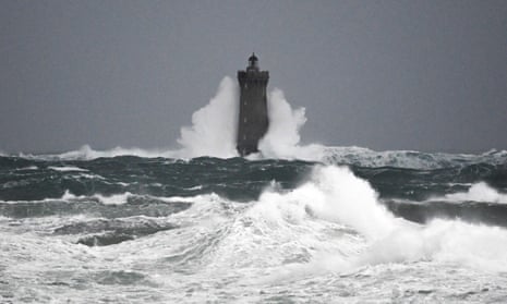 Waves crashing on the Phare du Four (Four's lighthouse) in Porspoder, western France, as 2 November 2023, as Storm Ciarán hits the region. 
