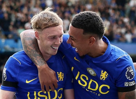 Cole Palmer celebrates scoring with Morgan Rogers