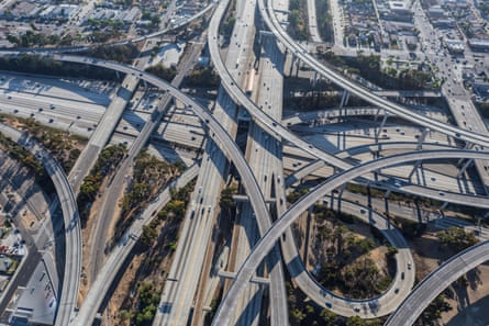 An aerial view of highways in Los Angeles. The city is better known for its car culture than public transit.