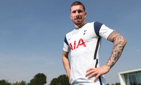 Pierre-Emile Højbjerg shows off his new kit at Tottenham’s training ground, after completing his signing from Southampton.