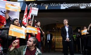 ACTU secretary Sally McManus speaks to supporters outside the offices of the Fair Work Commission in Melbourne, 1 June 2018.