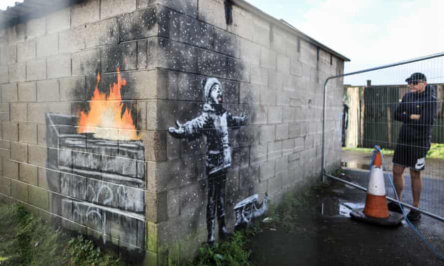 Artwork by Banksy appeared on a garage wall in Port Talbot in 2018.