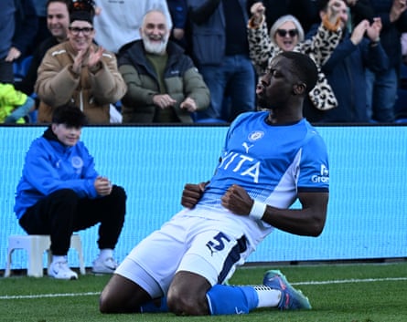 Stockport’s Joseph Olowu celebrates scoring the winner over Blackpool.
