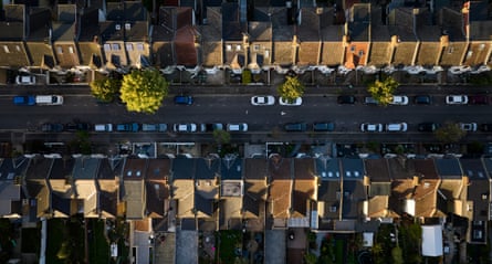 Aerial view of a terraced street in Leyton, London.