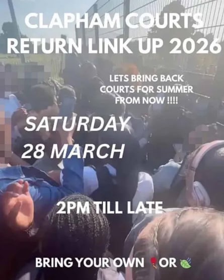 A flyer showing basic event information over a photo of a tightly packed group of unidentifiable young people on an outdoor sports court