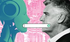 Illustration of a man conversing with a robot via text prompts