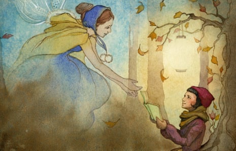 Fairy godmother type handing a youngster a book in a fairy woodland setting