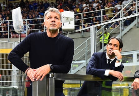 Inter’s coach, Simone Inzaghi, looks at Lazio coach, Marco Baroni, after both were sent to the stands in stoppage time.