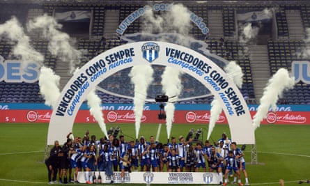 Porto players celebrate in style despite the lack of fans at their home ground.