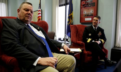 R Adm Ronny Jackson meets with Senator Jon Tester at his office on Capitol Hill in Washington on 17 April.