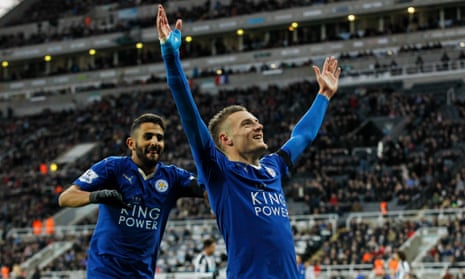 Jamie Vardy celebrates after scoring for Leicester at Newcastle.