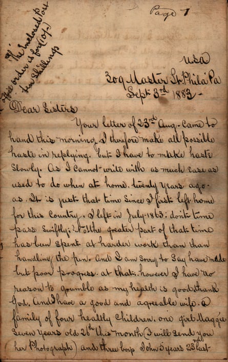 The first page of letter dated 1883 