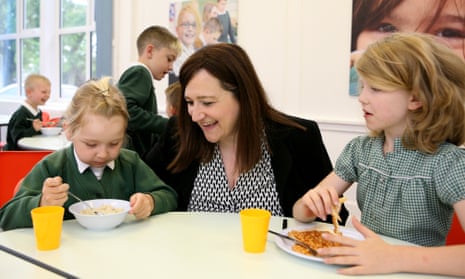 Headteacher Sam Bailey joins pupils for breakfast at Forest Academy in Barnsley.
