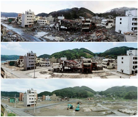 A combination photo of Onagawa on 16 March 2011, after it was devastated by the Tohoku tsunami; 3 June 2011; and 1 September 2011.