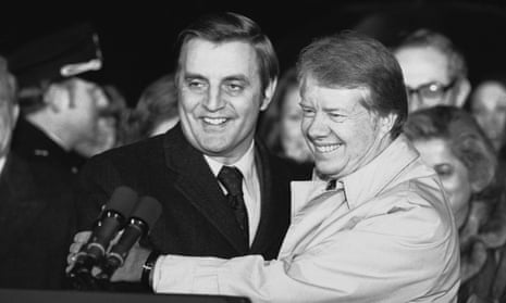 Jimmy Carter embraces Walter Mondale on the South Lawn of the White House in Washington in January 1978, after Carter returned from a nine-day overseas trip.