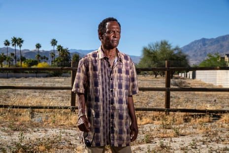 Alvin Taylor in front of the Section 14 lot of land where his childhood home used to be in Palm Springs, California.