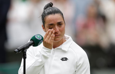 A tearful Ons Jabeur after her defeat to Marketa Vondrousova in the women’s singles final.