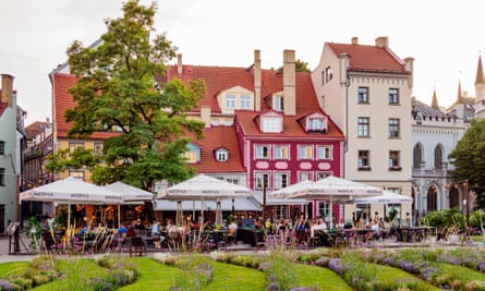 Restaurants at Livu Square, Riga, Latvia.