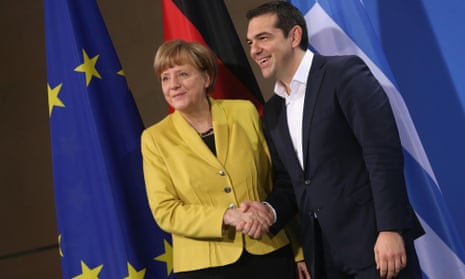 BERLIN, GERMANY - MARCH 23: German Chancellor Angela Merkel and Greek Prime Minister Alexis Tsipras depart after speaking to the media following talks at the Chancellery on March 23, 2015 in Berlin, Germany. The two leaders are meeting as relations between the Tsipras government and Germany have soured amidst contrary views between the two countries on how Greece can best work itself out of its current economic morass. (Photo by Sean Gallup/Getty Images)
