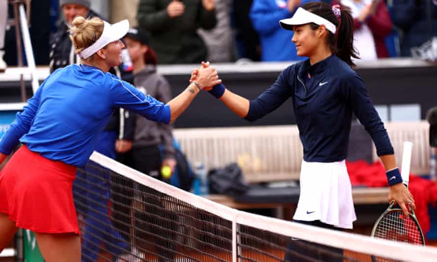 Marketa Vondrousova shakes hands with Emma Raducanu after her straight-sets victory in the Billie Jean King Cup qualifier