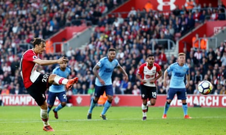 Manolo Gabbiadini of Southampton scores his sides second goal from the penalty spot.