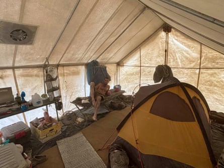 A tent with dust covering the entire interior