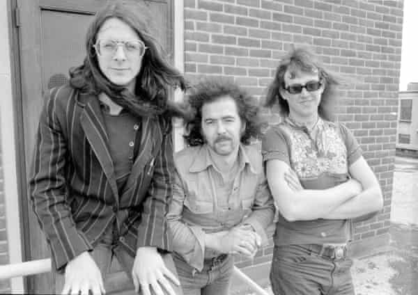 Burke Shelley, left, with Tony Bourge and Pete Boot of Budgie, in 1974.