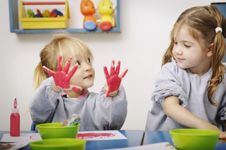 Girls finger-painting in classroom