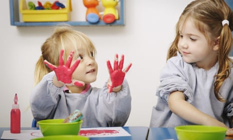 Girls finger-painting in classroom