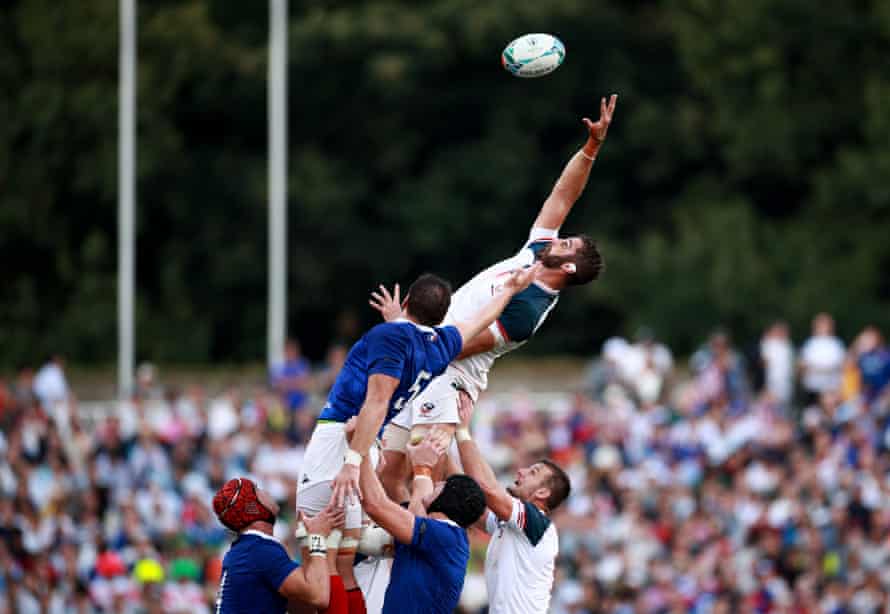 Nick Civetta competes for the ball at a lineout during a World Cup game against France in Fukuoka, Japan in 2019.