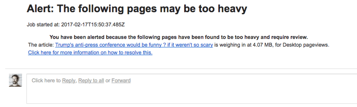 An example of a page weight alert emailed to editorial staff. These staff members can then direct action to reduce the size of the page.