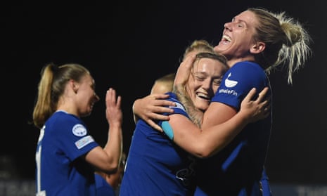 Erin Cuthbert of Chelsea celebrates with teammate Millie Bright after scoring her team's second goal.