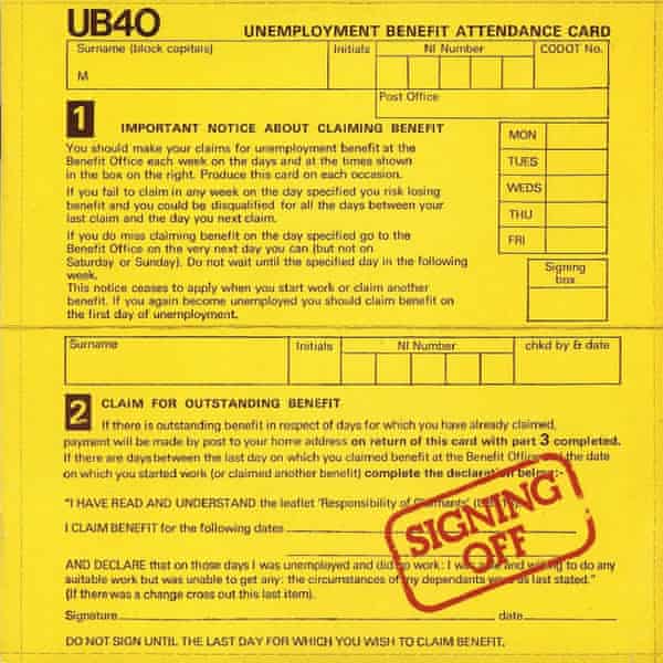 Breakthrough … UB40’s debut album Signing Off, with benefit form artwork.