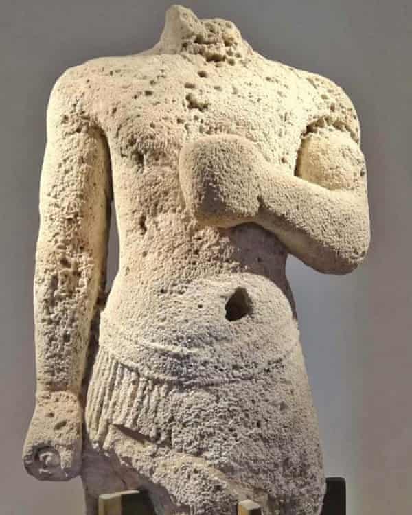 A sandstone statue of a male deity found in 1933 in the Marsala Lagoon, Palermo, Italy.